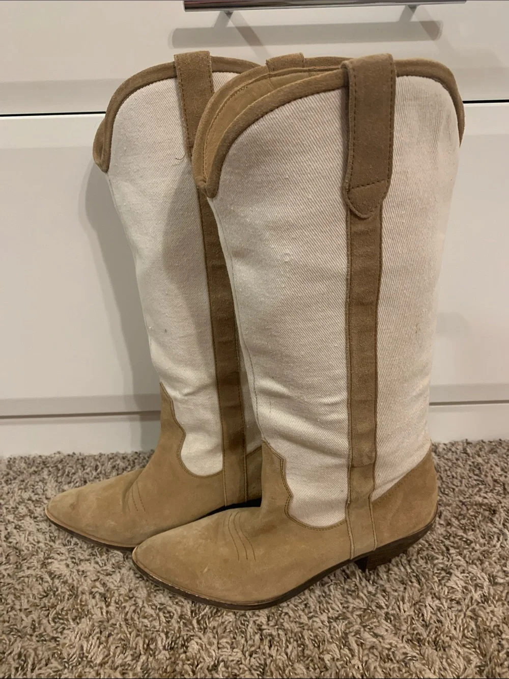 Urban Outfitters UO Leslie Tall Cowboy Boots in Tan and Cream